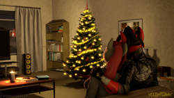 Size: 3840x2160 | Tagged: safe, artist:fireemerald123, imported from derpibooru, oc, oc only, oc:holly berry, oc:page feather, anthro, 3d, candle, christmas, christmas tree, clothes, duo, gun, handgun, holiday, jacket, leather, leather jacket, night, revolver, source filmmaker, tree, vase, voidpunk, watermark