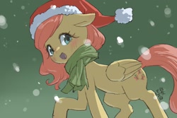 Size: 1800x1200 | Tagged: safe, artist:yanamosuda, imported from derpibooru, fluttershy, pegasus, pony, blushing, christmas, clothes, cute, female, floppy ears, gradient background, hat, holiday, looking at you, mare, open mouth, open smile, santa hat, scarf, shyabetes, smiling, smiling at you, snow, snowfall, solo