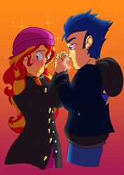 Size: 2895x4092 | Tagged: safe, artist:lmcrook, imported from derpibooru, flash sentry, sunset shimmer, human, equestria girls, blushing, clothes, female, flashimmer, gradient background, male, shipping, straight, winter, winter outfit