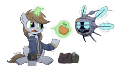 Size: 3800x2200 | Tagged: safe, artist:php104, imported from derpibooru, oc, oc only, oc:littlepip, oc:watcher, pony, unicorn, fallout equestria, apple, food, magic, simple background, sitting, spritebot, telekinesis, transparent background