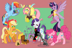 Size: 2965x1968 | Tagged: safe, alternate version, artist:spring_spring, imported from derpibooru, applejack, big macintosh, fluttershy, pinkie pie, rainbow dash, rarity, shining armor, twilight sparkle, alicorn, best gift ever, armor, bag, burger, christmas, christmas rift, christmas tree, clothes, commission, craft, food, gold, hat, hearth's warming, holiday, horseshoes, implied big macintosh, implied cheese sandwich, implied discord, implied maud pie, implied scootaloo, implied shining armor, implied spike, implied sweetie belle, jacket, mane six, music box, paper bag, party cannon, present, rock, scooter, sculpture, shadow, shining, simple background, singing, tree, twilight sparkle (alicorn)