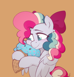 Size: 1648x1728 | Tagged: safe, artist:jewellier, imported from derpibooru, oc, oc only, oc:sky sorbet, pegasus, pony, bow, female, food, hair bow, ice cream, ice cream cone, mare, pegasus oc, plushie, simple background, solo