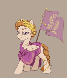 Size: 1544x1788 | Tagged: safe, artist:jewellier, imported from derpibooru, oc, oc only, pegasus, pony, braid, clothes, female, flag, flag pole, gold, jewelry, laurel wreath, mare, pegasus oc, roman, simple background, solo, toga