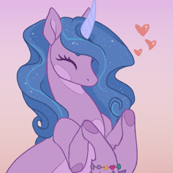 Size: 600x600 | Tagged: safe, artist:frostedsoul, imported from derpibooru, izzy moonbow, pony, unicorn, bracelet, cute, eyes closed, female, floating heart, g5, heart, izzybetes, jewelry, simple background, sparkles