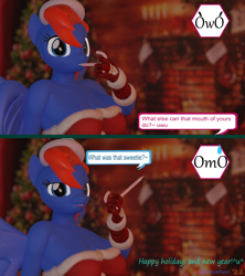 Size: 2560x2885 | Tagged: safe, artist:kamimation, imported from derpibooru, oc, oc:kam pastel, anthro, pegasus, 2 panel comic, 3d, blender, breasts, candy, candy cane, christmas, comic, food, holiday, looking at you, offscreen character, smug, solo, speech bubble, sucking, text, watermark