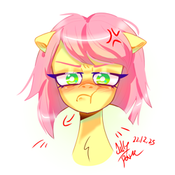 Size: 1280x1280 | Tagged: safe, artist:jully-park, imported from derpibooru, earth pony, pony, spoiler:g5, spoiler:my little pony: tell your tale, spoiler:tyts01e41, :t, a day in the life, angry, blushing, bust, cross-popping veins, digital art, emanata, female, floppy ears, g5, looking at you, mare, my little pony: tell your tale, posey bloom, posey bloom is not amused, short hair, simple background, solo, tsundere, unamused, white background, white pupils