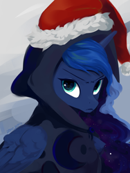 Size: 1800x2388 | Tagged: safe, artist:some_ponu, imported from derpibooru, princess luna, alicorn, pony, christmas, clothes, cute, frown, hat, holiday, hoodie, looking at you, santa hat, solo, unamused