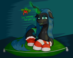 Size: 2500x2000 | Tagged: source needed, safe, artist:oldman, imported from derpibooru, queen chrysalis, changeling, changeling queen, christmas, christmas changeling, clothes, dialogue, female, holiday, holly, holly mistaken for mistletoe, lidded eyes, looking at you, lying down, magic, open mouth, open smile, pillow, prone, smiling, socks, solo, striped socks, telekinesis