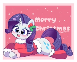 Size: 2048x1644 | Tagged: safe, artist:leo19969525, imported from derpibooru, rarity, pony, unicorn, blue eyes, blushing, christmas, christmas clothing, cute, ears, ears up, female, hair, holiday, holly, horn, lying down, mane, mare, open mouth, open smile, prone, raribetes, smiling, solo, sploot, tail, text