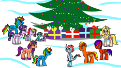 Size: 1920x1080 | Tagged: safe, artist:platinumdrop, imported from derpibooru, starlight glimmer, sunny starscout, oc, oc:asteroid angus, oc:glitter sparkle, oc:jade harmony, oc:msalliecat, oc:royal strength, oc:shield wing, oc:skyress, oc:starling shield, oc:starshine armour, alicorn, dragon, earth pony, pegasus, pony, unicorn, alicorn oc, alicornified, christmas, christmas tree, fairy lights, g5, glasses, holiday, horn, looking at you, pegasus oc, present, race swap, request, smiling, snow, starlicorn, string lights, tree, wings, winter, xk-class end-of-the-world scenario