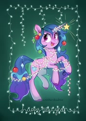 Size: 908x1280 | Tagged: safe, artist:anotherdeadrat, imported from derpibooru, izzy moonbow, pony, unicorn, blushing, christmas, christmas lights, cute, female, g5, happy, happy new year, holiday, izzybetes, mare, open mouth, open smile, ornament, smiling, solo, string lights