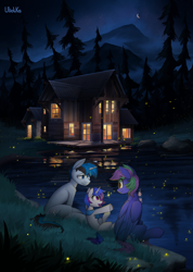 Size: 2426x3416 | Tagged: safe, artist:uliovka, imported from derpibooru, oc, oc only, oc:lishka, oc:solar gizmo, firefly (insect), insect, pegasus, pony, unicorn, family, female, filly, foal, forest, house, lake, male, mare, moon, reflection, scenery, shipping, stallion, water