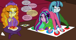 Size: 2392x1252 | Tagged: safe, artist:queentigrel, imported from derpibooru, adagio dazzle, aria blaze, sonata dusk, human, equestria girls, rainbow rocks, clothes, female, food, pasta, playing, spaghetti, speech bubble, the dazzlings, trio, trio female, twister, winter outfit