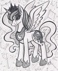 Size: 1567x1924 | Tagged: safe, artist:rossmaniteanzu, imported from derpibooru, princess luna, alicorn, pony, concave belly, constellation, crown, ethereal mane, eyelashes, fangs, hoof shoes, jewelry, lidded eyes, lightly watermarked, looking at you, pencil drawing, peytral, princess shoes, raised leg, regalia, slim, solo, spread wings, starry mane, starry tail, tail, thin, traditional art, watermark, wings