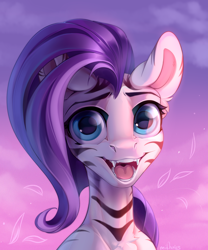 Size: 2500x3000 | Tagged: safe, artist:mithriss, imported from derpibooru, oc, oc only, pony, zebra, bust, chest fluff, colored, fangs, female, lighting, looking at you, mare, mawshot, open mouth, open smile, shading, slim, smiling, smiling at you, solo, sternocleidomastoid, teeth, thin