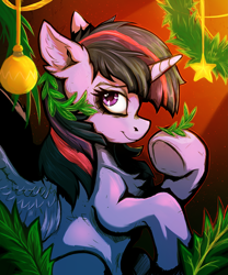 Size: 4167x5000 | Tagged: safe, artist:tatykin, imported from derpibooru, twilight sparkle, alicorn, pony, absurd resolution, chest fluff, christmas, female, holiday, looking at you, mare, ornament, side view, solo, twilight sparkle (alicorn)
