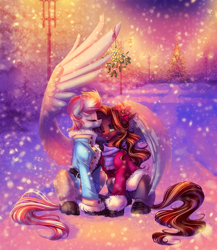 Size: 1302x1500 | Tagged: safe, artist:limreiart, imported from derpibooru, oc, oc only, oc:dim bush, oc:lighty dust, earth pony, pegasus, pony, blushing, boots, christmas, clothes, duo, female, flower, flower in hair, holiday, jacket, kissing, large wings, lesbian, mare, mistletoe, oc x oc, scarf, shipping, shoes, sitting, snow, spread wings, streetlight, tree, wings, winter
