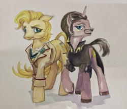 Size: 2623x2268 | Tagged: safe, artist:tulidewo, imported from derpibooru, doctor whooves, time turner, earth pony, pony, unicorn, anthony ainley, cricket bat, doctor who, duo, fifth doctor, frown, gay, male, peter davison, the doctor, the master, traditional art, watercolor painting
