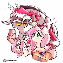 Size: 3000x3000 | Tagged: safe, artist:naquelinedelch2, imported from derpibooru, discord, fluttershy, draconequus, pegasus, pony, bell, blushing, bow, christmas, clothes, costume, duo, duo male and female, eyebrows, female, folded wings, grin, happy, hat, high res, holiday, looking at each other, looking at someone, male, mare, mistleholly, present, santa hat, signature, simple background, smiling, smiling at each other, white background, wings
