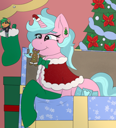 Size: 1000x1100 | Tagged: safe, artist:gray star, imported from derpibooru, oc, oc:atom smasher, oc:candy chip, cyborg, pony, unicorn, bow, christmas, christmas stocking, christmas tree, clothes, hearth's warming eve, holiday, plushie, present, stockings, thigh highs, tree