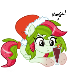 Size: 4096x4096 | Tagged: safe, artist:sjart117, imported from derpibooru, oc, oc only, oc:watermelana, pegasus, pony, :o, alcohol, christmas, cinnamon, drink, female, food, freckles, gradient hooves, hat, holiday, lying down, mare, open mouth, orange, pegasus oc, santa hat, simple background, solo, speech, talking, transparent background, wine