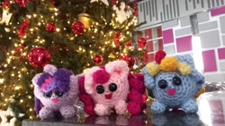 Size: 3017x1698 | Tagged: safe, artist:casquitos kawaii, imported from derpibooru, pinkie pie, rainbow dash, twilight sparkle, alicorn, earth pony, pegasus, pony, amigurumi, christmas, christmas lights, christmas tree, crochet, holiday, irl, photo, plushie, tree, twilight sparkle (alicorn)