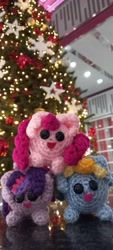 Size: 1800x4000 | Tagged: safe, artist:casquitos kawaii, imported from derpibooru, pinkie pie, rainbow dash, twilight sparkle, alicorn, earth pony, pony, amigurumi, christmas, christmas lights, christmas tree, crochet, holiday, irl, photo, plushie, tree, twilight sparkle (alicorn)