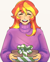 Size: 612x764 | Tagged: safe, artist:exvius, imported from derpibooru, sunset shimmer, human, equestria girls, christmas, clothes, eyes closed, holiday, open mouth, open smile, present, smiling, solo, sweater