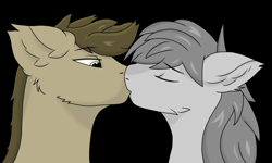 Size: 2000x1200 | Tagged: safe, artist:yerwarrior, imported from derpibooru, oc, oc only, oc:cassie, oc:petrichor, earth pony, pegasus, pony, black background, bust, duo, earth pony oc, eyes closed, gay, kiss on the lips, kissing, looking at someone, male, oc x oc, pegasus oc, shipping, simple background, stallion