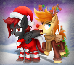 Size: 1800x1600 | Tagged: safe, artist:pizzamovies, imported from derpibooru, oc, oc:pizzamovies, oc:scarlet haze, earth pony, pegasus, pony, antlers, bag, christmas, christmas lights, clothes, disgusted, earth pony oc, female, hat, holiday, looking at you, male, mare, pegasus oc, reindeer antlers, saddle bag, santa hat, shipping, snow, snowfall, stallion