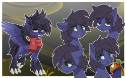 Size: 3700x2300 | Tagged: safe, artist:xvostik, imported from derpibooru, oc, oc only, oc:fenris ebonyglow, original species, pegasus, pony, timber pony, timber wolf, apple, clothes, expressions, food, male, scarf, simple background, stallion