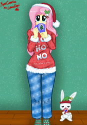 Size: 1280x1829 | Tagged: safe, artist:lennondash, imported from derpibooru, angel bunny, fluttershy, human, rabbit, equestria girls, animal, christmas, christmas sweater, clothes, drinking, elf hat, female, hairpin, hat, holiday, male, mistleholly, mug, pajamas, santa hat, socks, stocking feet, sweater