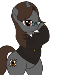 Size: 4600x5037 | Tagged: safe, artist:mrvector, imported from derpibooru, oc, oc only, oc:sonata, pony, unicorn, absurd resolution, bipedal, clothes, cute, eyes closed, female, glasses, hind legs, mare, one eye closed, simple background, smiling, solo, suit, transparent background, vector, wide hips, wink