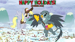 Size: 2064x1163 | Tagged: safe, artist:cheezedoodle96, artist:not-yet-a-brony, imported from derpibooru, derpy hooves, gabby, griffon, pegasus, 2022, bag, christmas, december, duo, friendship, happy holidays, hearth's warming, holiday, mail, mailbag, mailmare, ponyville, youtube link in the description