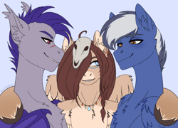 Size: 2245x1620 | Tagged: safe, artist:enderbee, imported from derpibooru, oc, oc:ondrea, oc:squall splitter, oc:thunder run, bat pony, pegasus, pony, bust, colored, commission, flat colors, portrait, simple background, sketch, smiling