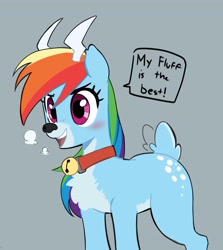 Size: 3394x3808 | Tagged: safe, artist:_ton618_, imported from derpibooru, rainbow dash, deer, reindeer, bell, bell collar, blushing, chest fluff, collar, cute, dashabetes, dialogue, open mouth, open smile, reindeer dash, reindeerified, smiling, solo, species swap, speech bubble