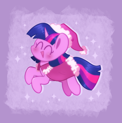 Size: 2873x2883 | Tagged: safe, artist:typhwosion, imported from derpibooru, twilight sparkle, pony, ^^, ambiguous race, christmas, clothes, eyes closed, hat, holiday, open mouth, open smile, santa hat, smiling, solo, sparkles