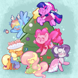 Size: 2873x2883 | Tagged: safe, artist:typhwosion, imported from derpibooru, applejack, fluttershy, pinkie pie, rainbow dash, rarity, twilight sparkle, pegasus, pony, unicorn, christmas, christmas tree, clothes, cute, dashabetes, diapinkes, group photo, hat, holiday, jackabetes, mane six, raribetes, reindeer dash, ribbon, santa hat, shyabetes, sweater, tree, twiabetes