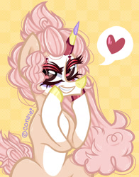 Size: 1280x1633 | Tagged: safe, artist:conflei, imported from derpibooru, oc, oc only, pony, unicorn, cheek squish, eyelashes, female, grin, heart, hoof polish, horn, mare, pictogram, simple background, smiling, solo, squishy cheeks, unicorn oc, yellow background