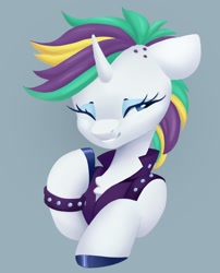 Size: 866x1074 | Tagged: safe, artist:melodylibris, imported from derpibooru, rarity, pony, unicorn, alternate hairstyle, female, gray background, grin, mare, monochrome, one eye closed, punk, raripunk, simple background, smiling, solo, wink
