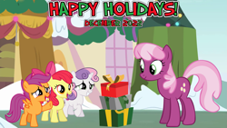 Size: 2063x1160 | Tagged: safe, artist:not-yet-a-brony, artist:valadrem, artist:vector-brony, imported from derpibooru, apple bloom, cheerilee, scootaloo, sweetie belle, earth pony, pegasus, pony, unicorn, 2022, christmas, cutie mark crusaders, december, female, filly, foal, happy holidays, holiday, mare, ponyville, present, student, teacher