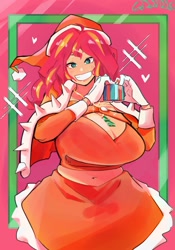 Size: 1400x2000 | Tagged: safe, artist:sozglitch, imported from derpibooru, sunset shimmer, human, belly button, big breasts, breasts, busty sunset shimmer, christmas, chubby, cleavage, clothes, dress, grin, hat, holiday, huge breasts, humanized, jewelry, looking at you, midriff, necklace, present, santa hat, smiling, smiling at you, solo