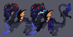 Size: 1280x643 | Tagged: safe, artist:dammmnation, imported from derpibooru, discord, king sombra, draconequus, bat wings, chest fluff, duo, fusion, gray background, gritted teeth, heterochromia, horns, leonine tail, simple background, sombra eyes, tail, teeth, wings