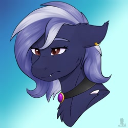 Size: 1000x1000 | Tagged: safe, artist:monsoonvisionz, imported from derpibooru, oc, oc only, oc:nocturne vision, bat pony, pony, bat pony oc, bust, chest fluff, choker, claws, ear fluff, ear piercing, ear tufts, earring, floppy ears, jewelry, piercing, solo, sternocleidomastoid, tired, wing claws, wings