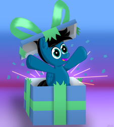 Size: 5974x6600 | Tagged: safe, artist:agkandphotomaker2000, imported from derpibooru, oc, oc only, oc:pony video maker, pegasus, pony, christmas, christmas gift, confetti, folded wings, hearts warming day, hidden inside a present, holiday, looking at you, present, simple background, wings