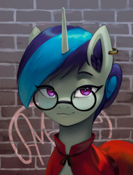 Size: 2154x2818 | Tagged: safe, artist:mrscroup, imported from derpibooru, oc, oc only, oc:astrum solus, pony, unicorn, brick wall, cloak, clothes, ear fluff, ear piercing, earring, glasses, graffiti, hair bun, horn, jewelry, looking at you, no source available, piercing, smug, solo, unicorn oc