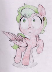 Size: 1701x2354 | Tagged: safe, artist:foxtrot3, imported from derpibooru, oc, oc only, oc:dainty, pegasus, female, jewelry, mother, nervous, scared, solo, traditional art