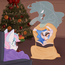 Size: 4000x4000 | Tagged: safe, artist:thieftea, imported from derpibooru, oc, oc only, pony, unicorn, windigo, book, chest fluff, christmas, christmas tree, holiday, present, tree