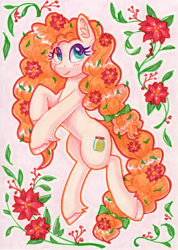 Size: 1475x2068 | Tagged: safe, artist:dandy, imported from derpibooru, pear butter, earth pony, pony, blushing, bow, copic, ear fluff, female, flower, flower in hair, hair bow, leaves, leaves in hair, looking at you, mare, smiling, solo, traditional art, unshorn fetlocks