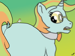 Size: 4179x3139 | Tagged: safe, artist:vanillabeam, imported from derpibooru, oc, oc:mint sorbet, pony, unicorn, bowtie, butt, dock, eyelashes, glasses, gradient background, macro/micro, male, micro, plot, stallion, tail, tiny, tiny ponies